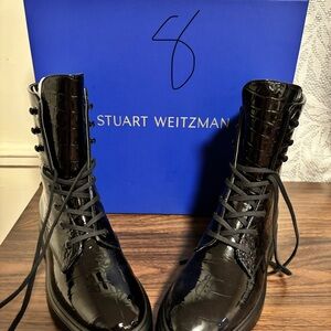Stuart Weitzman Glossy Black Lace-Up Boots